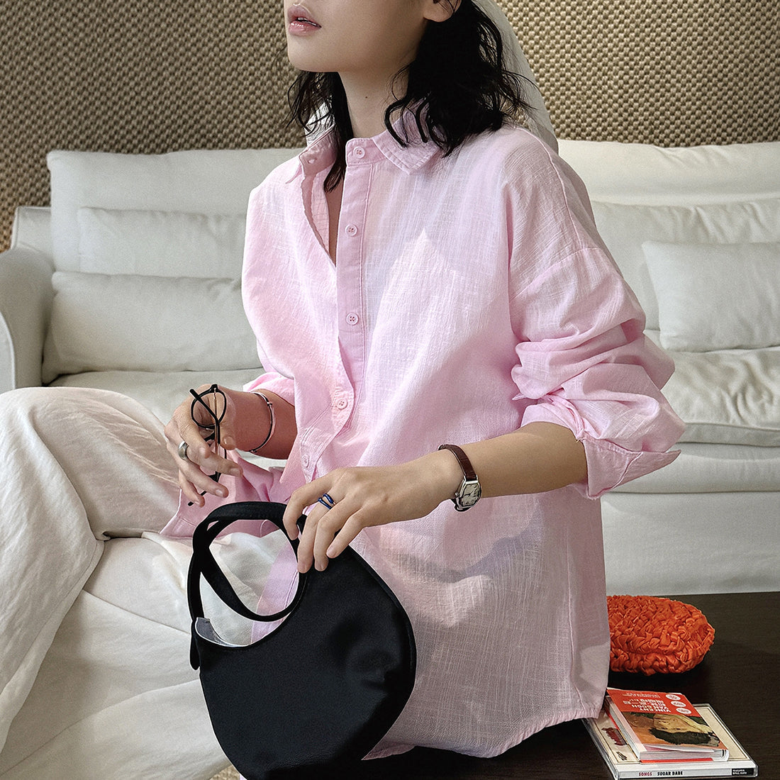 Cotton linen oversized shirt women breathable loose long sleeve casual blouse