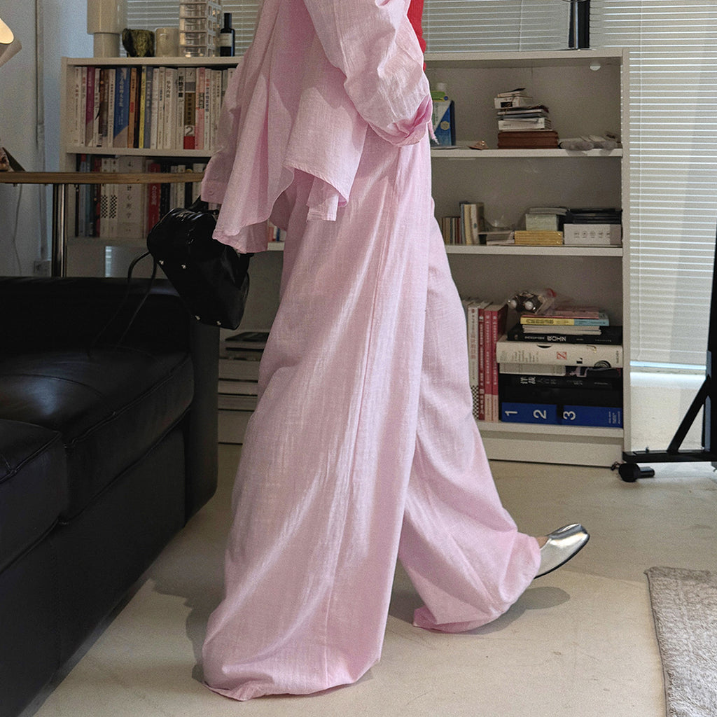 High Waist Cotton Linen Wide Leg Pants with Drawstring