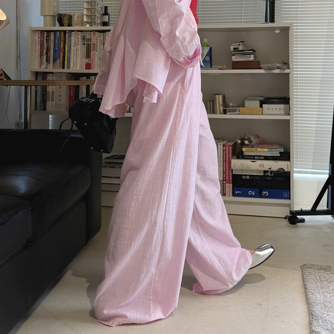 High Waist Cotton Linen Wide Leg Pants with Drawstring