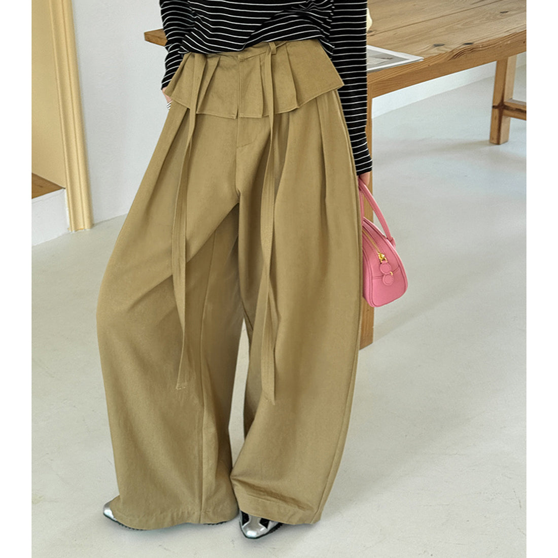 High waist pleated wide leg pants women loose drape trousers with tie waist