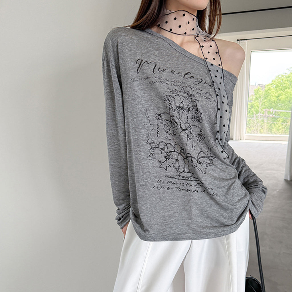 Women’s Off-Shoulder Printed Long-Sleeve Top with Polka Dot Scarf