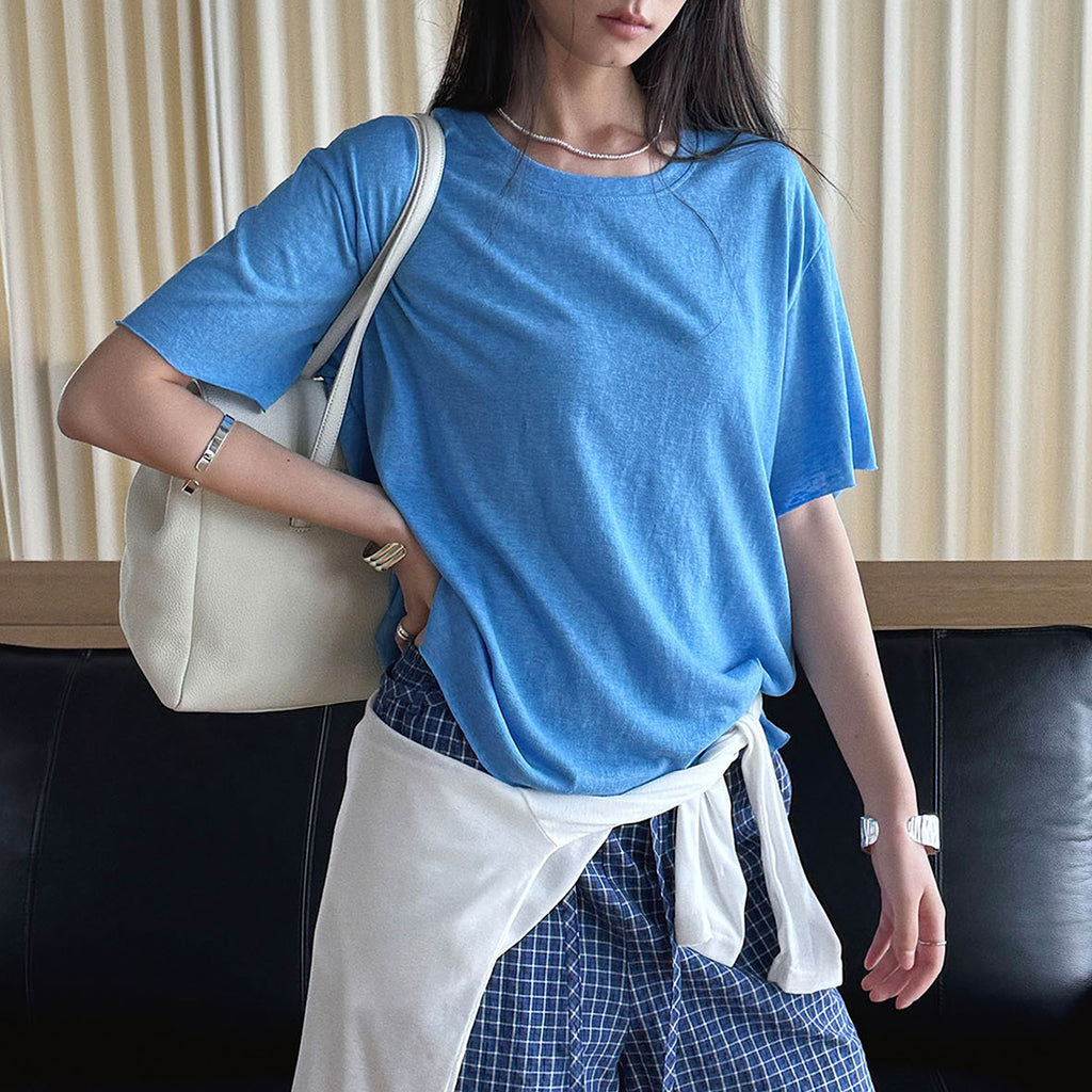 Round neck small rolled edge short sleeved slimming T-shirt