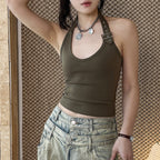 Halter Neck Fitted Tank Top with Buckle Strap Detail