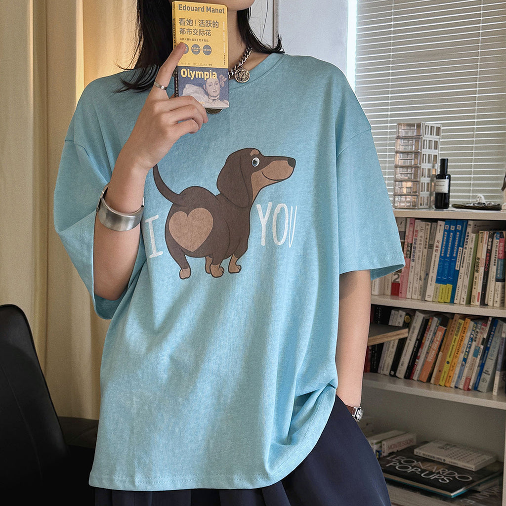 Round neck sausage dog letter printed short sleeve T-shirt top