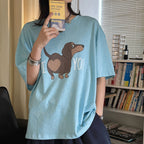 Round neck sausage dog letter printed short sleeve T-shirt top