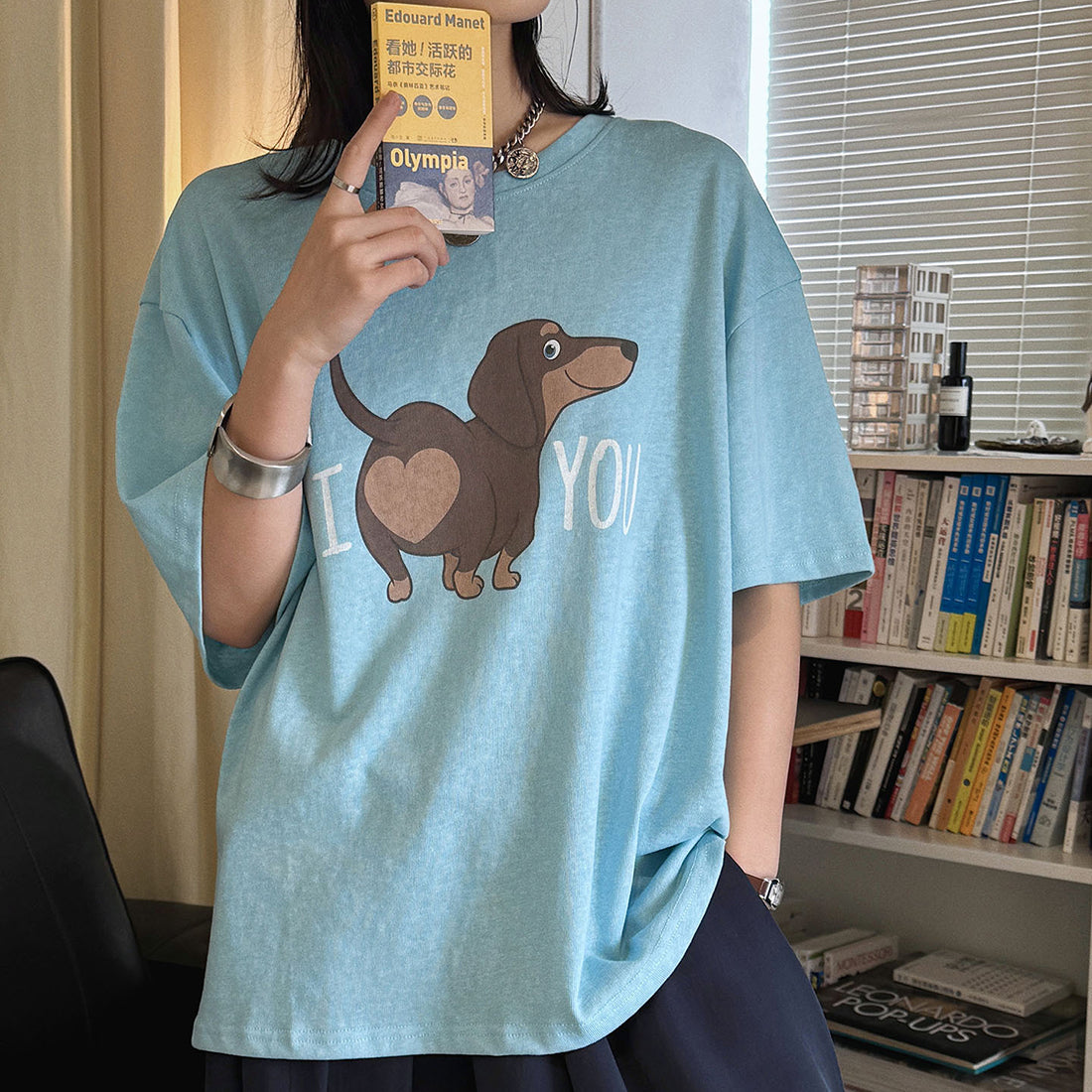 Round neck sausage dog letter printed short sleeve T-shirt top