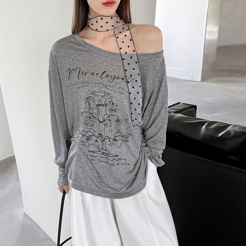Women’s Off-Shoulder Printed Long-Sleeve Top with Polka Dot Scarf