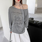 Women’s Off-Shoulder Printed Long-Sleeve Top with Polka Dot Scarf