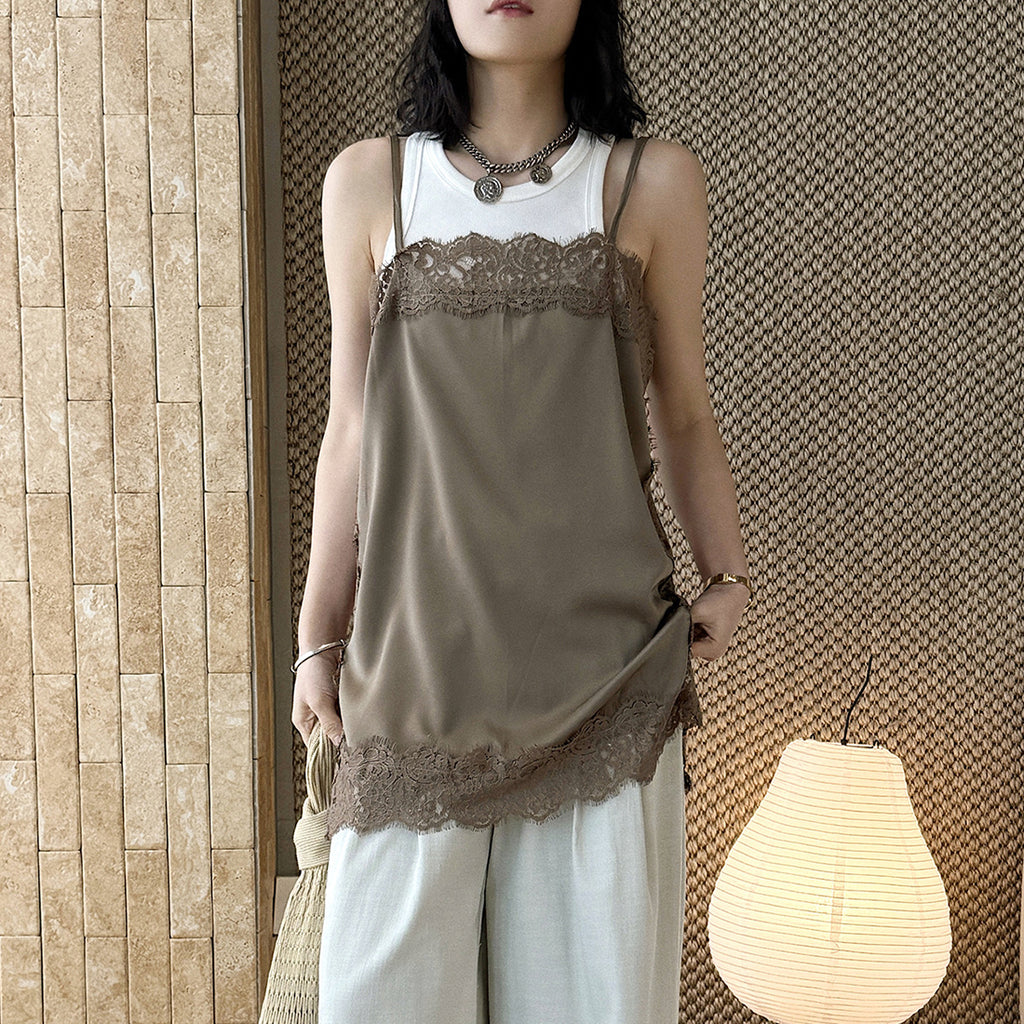Lace trim cami top with silky stretch fabric for layering or solo wear