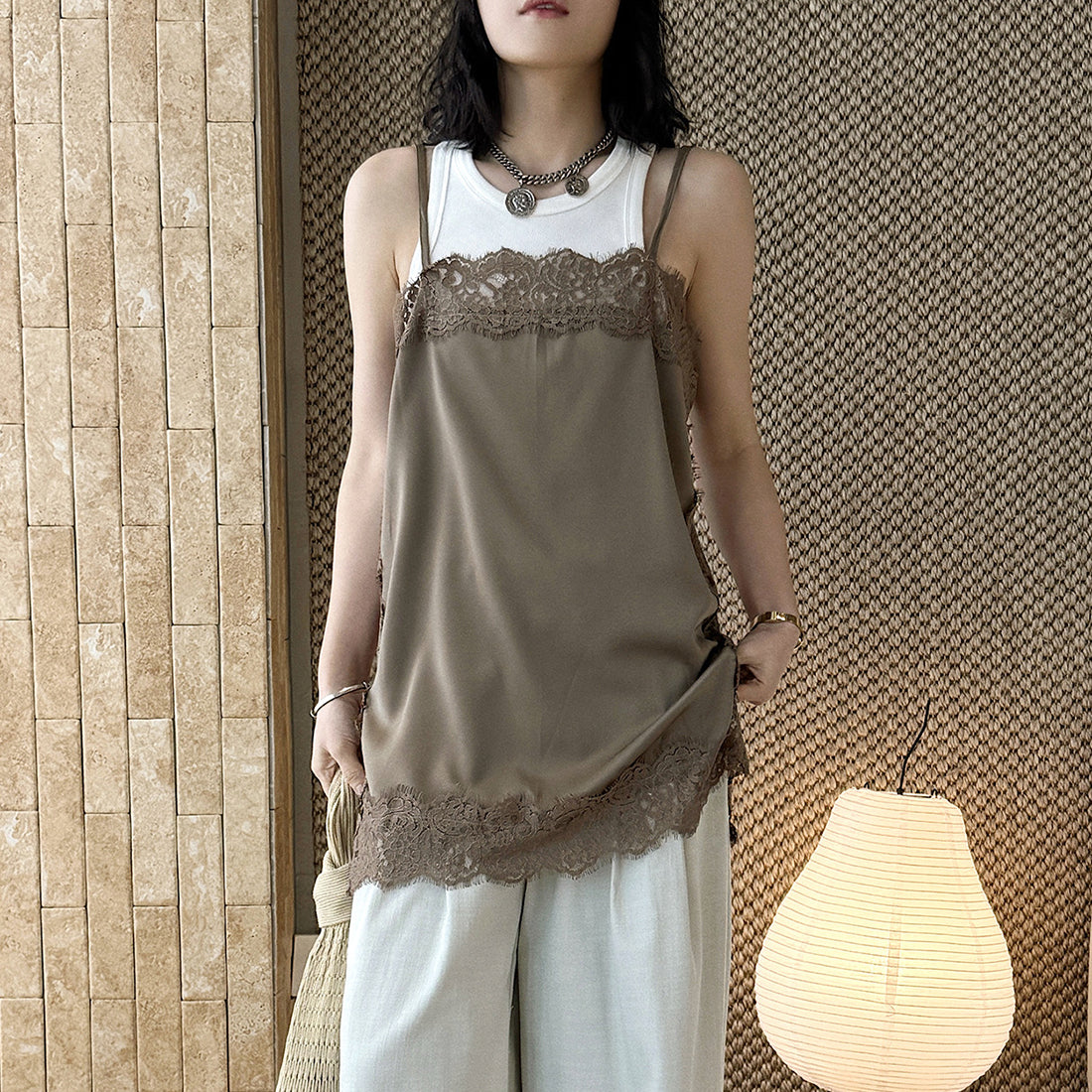 Lace trim cami top with silky stretch fabric for layering or solo wear