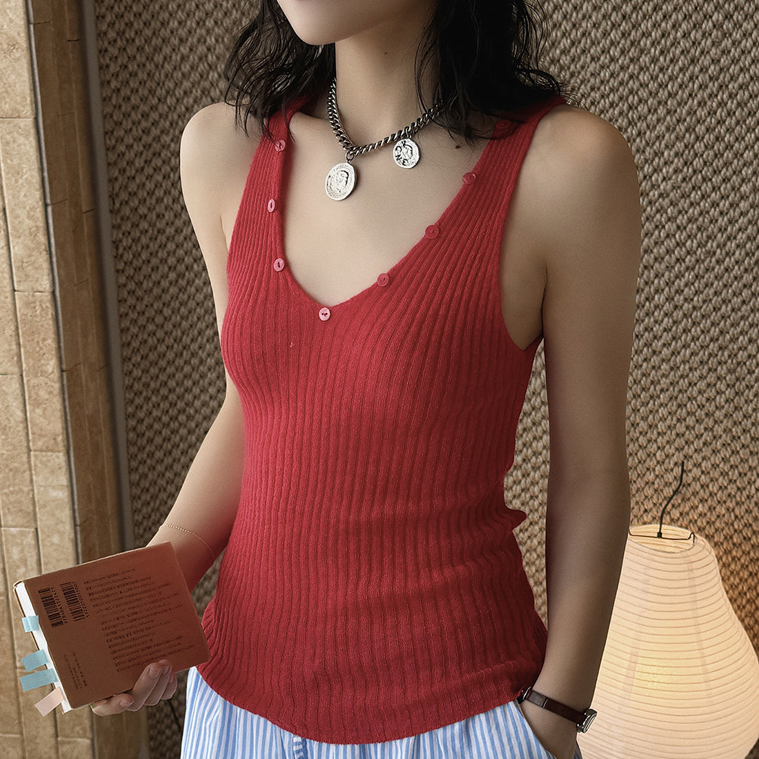 V-Neck Ribbed Knit Tank Top with Button Detail