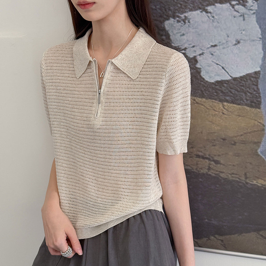 Women’s Half-Zip Hollow Knit Polo Top