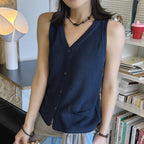 Sleeveless V-Neck Knit Button Vest Top