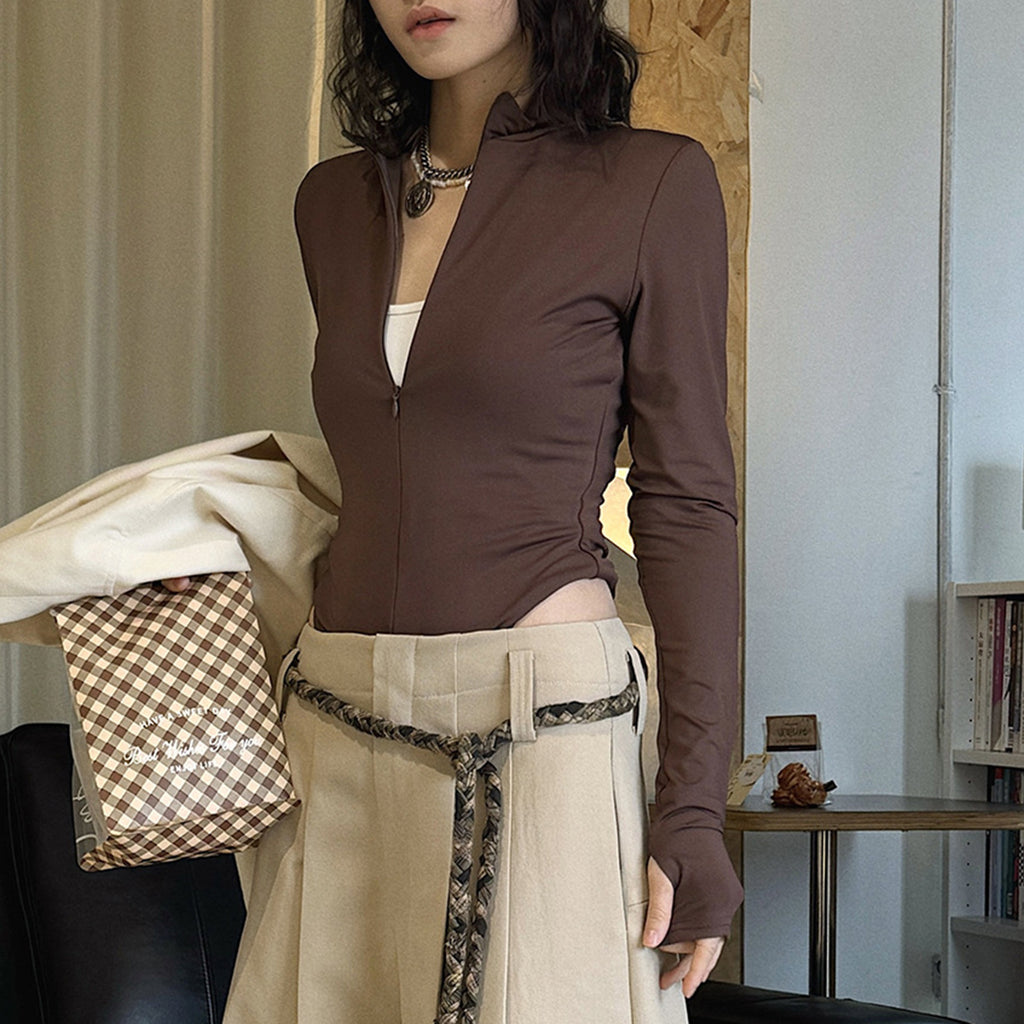Slim fit stand collar zip long sleeve bodysuit