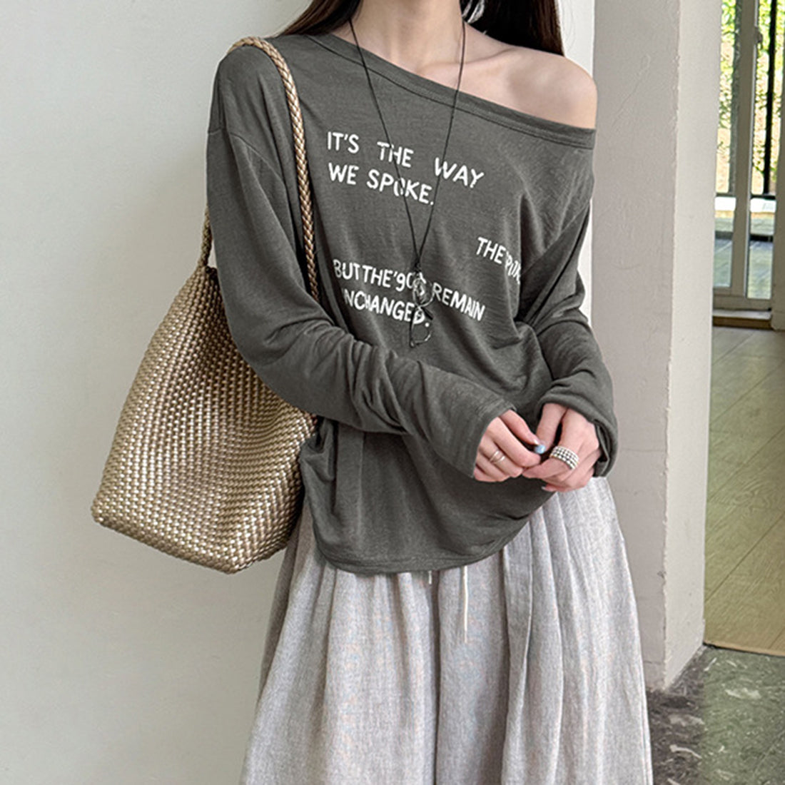 Women’s Off-Shoulder Letter Print Sheer Long-Sleeve Top