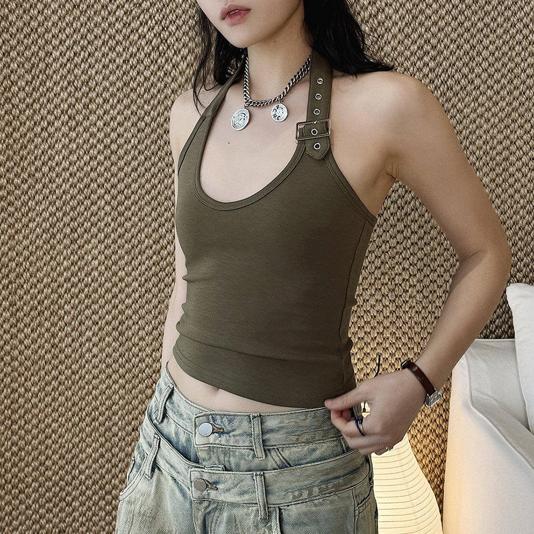 Halter Neck Fitted Tank Top with Buckle Strap Detail