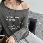 Women’s Off-Shoulder Letter Print Sheer Long-Sleeve Top