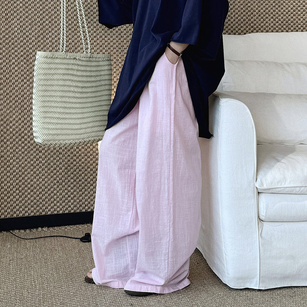 High Waist Cotton Linen Wide Leg Pants with Drawstring