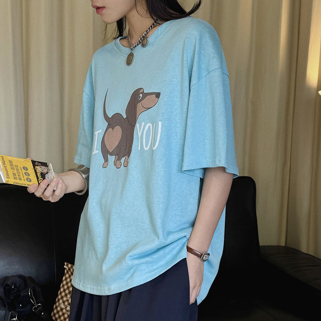 Round neck sausage dog letter printed short sleeve T-shirt top