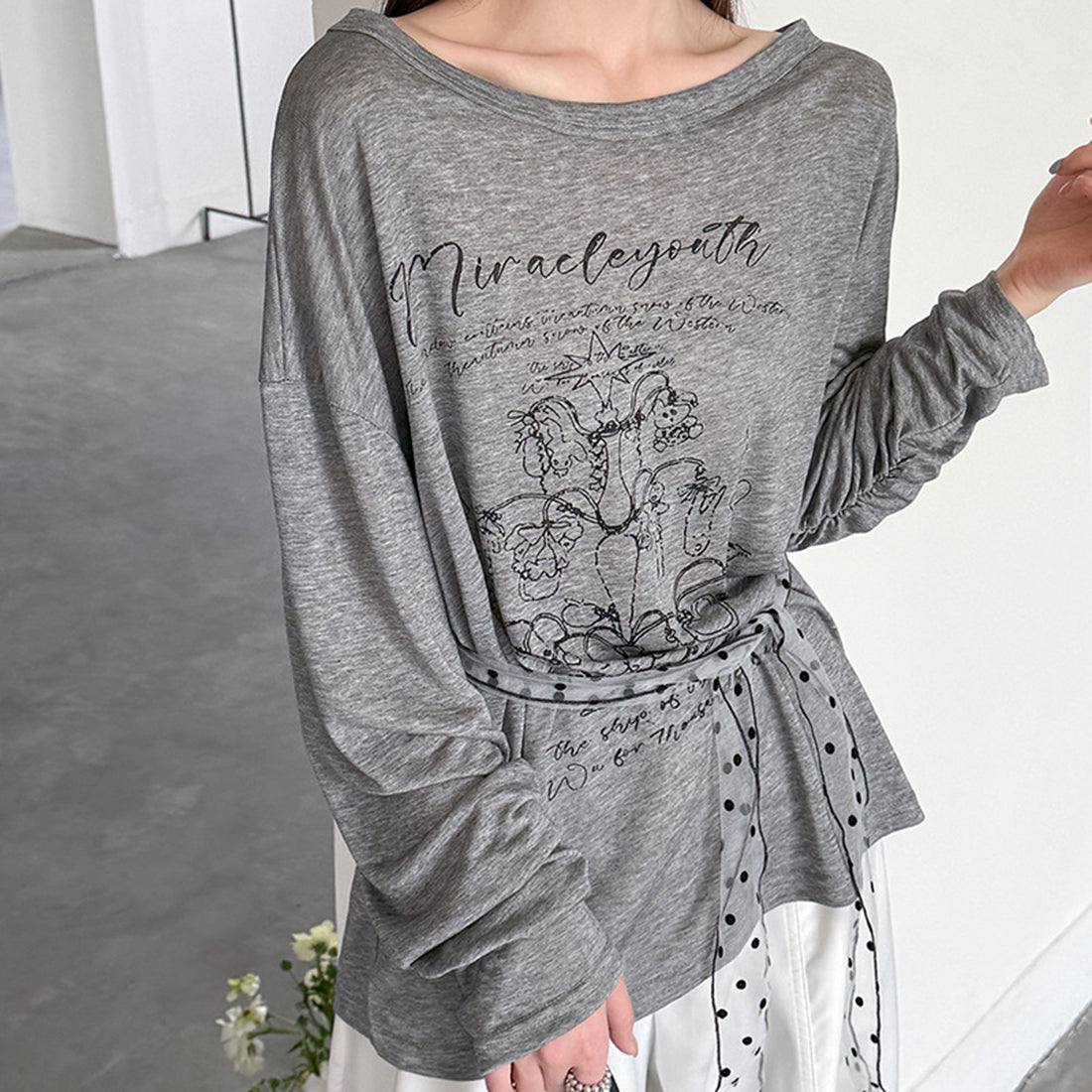 Women’s Off-Shoulder Printed Long-Sleeve Top with Polka Dot Scarf