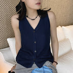 Sleeveless V-Neck Knit Button Vest Top
