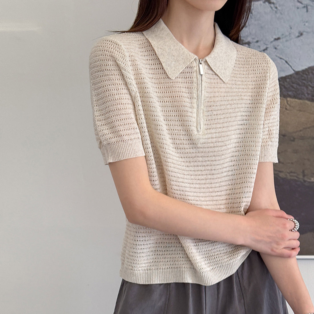 Women’s Half-Zip Hollow Knit Polo Top