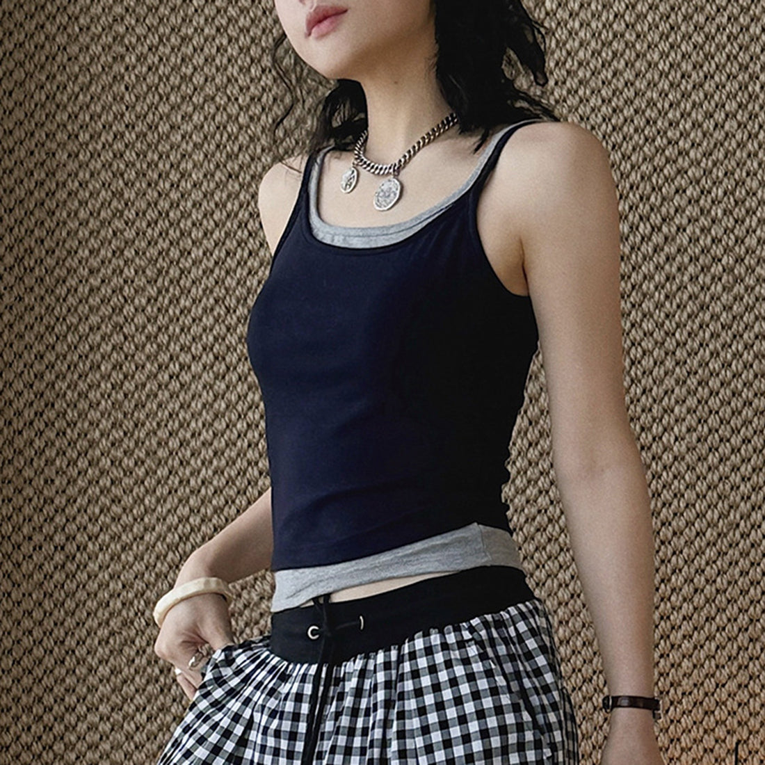 layered tank top slim fit stretchy camisole contrast trim sleeveless top