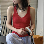 V-Neck Ribbed Knit Tank Top with Button Detail
