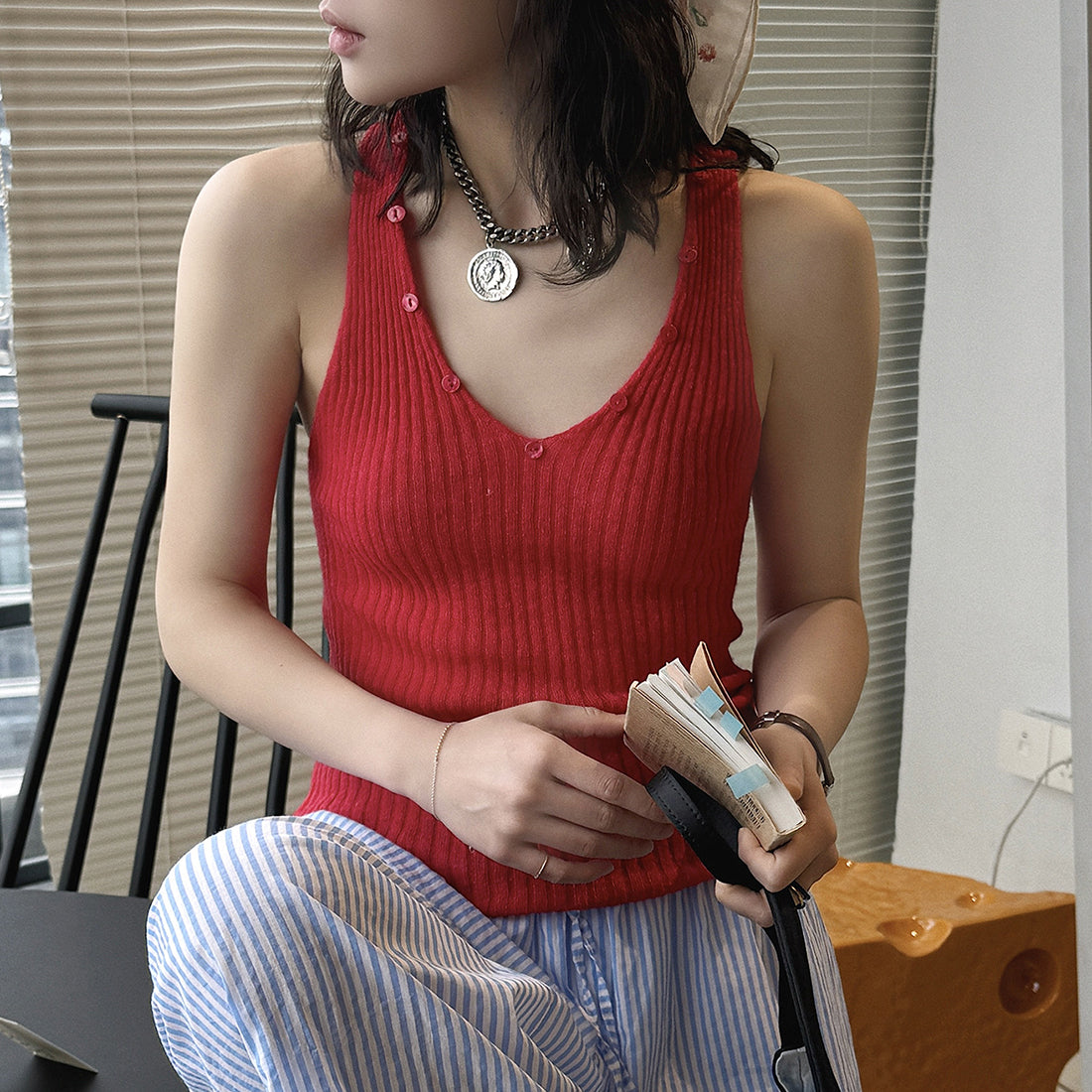 V-Neck Ribbed Knit Tank Top with Button Detail