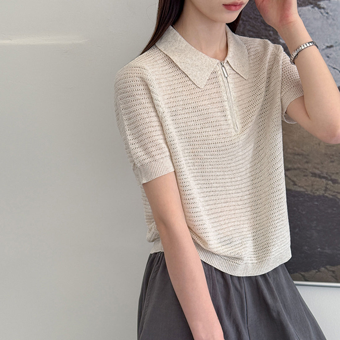 Women’s Half-Zip Hollow Knit Polo Top