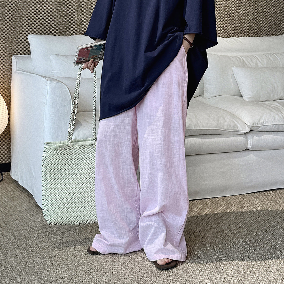 High Waist Cotton Linen Wide Leg Pants with Drawstring