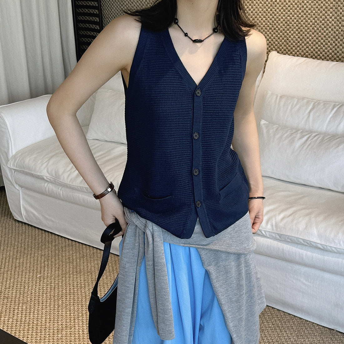 Sleeveless V-Neck Knit Button Vest Top