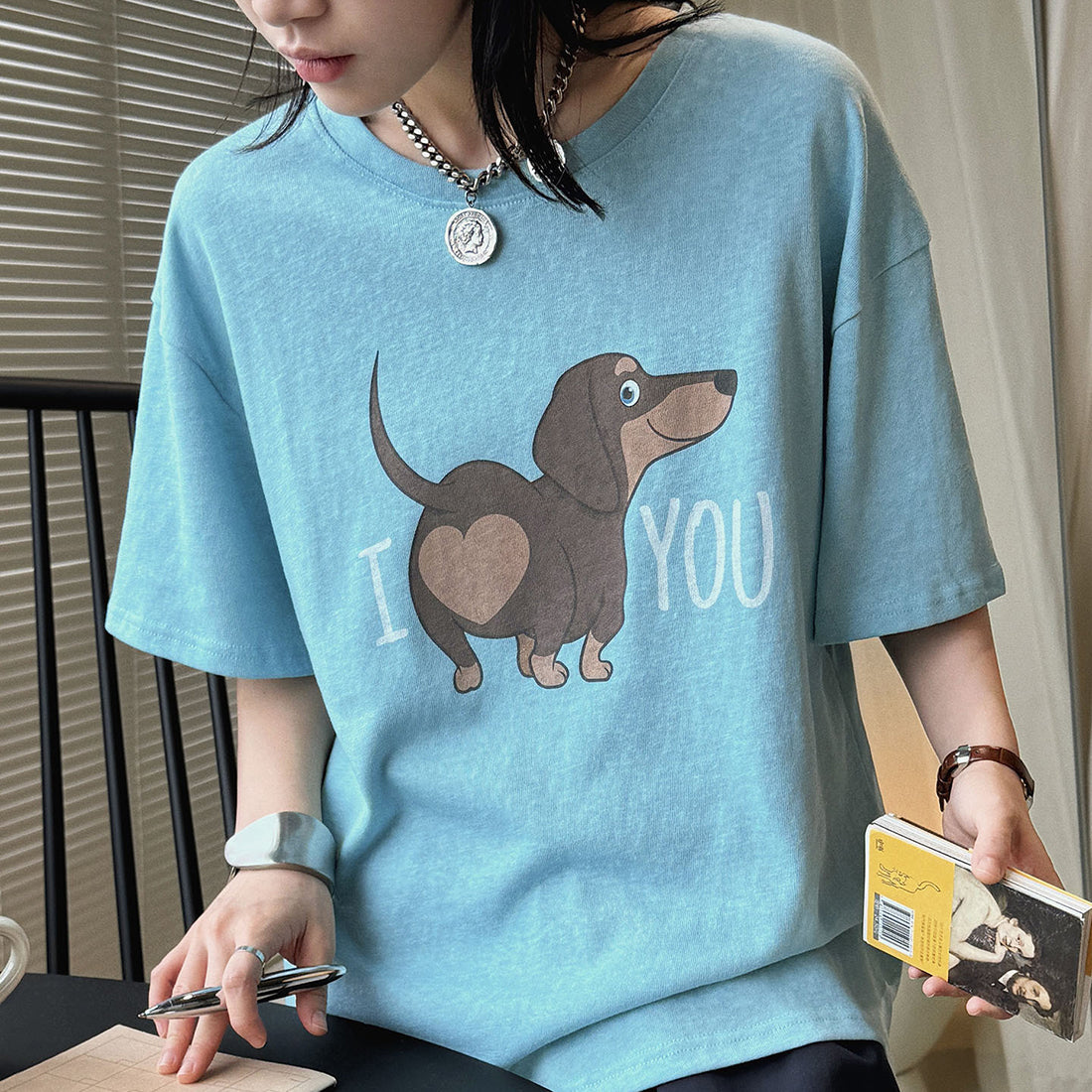 Round neck sausage dog letter printed short sleeve T-shirt top