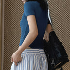 ribbed slim fit t shirt stretchy short sleeve fitted top