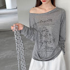 Women’s Off-Shoulder Printed Long-Sleeve Top with Polka Dot Scarf