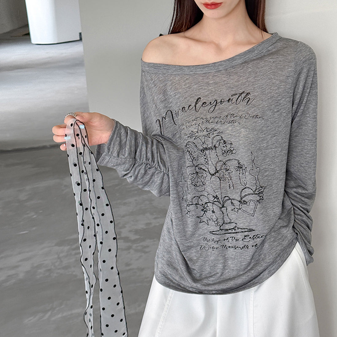 Women’s Off-Shoulder Printed Long-Sleeve Top with Polka Dot Scarf