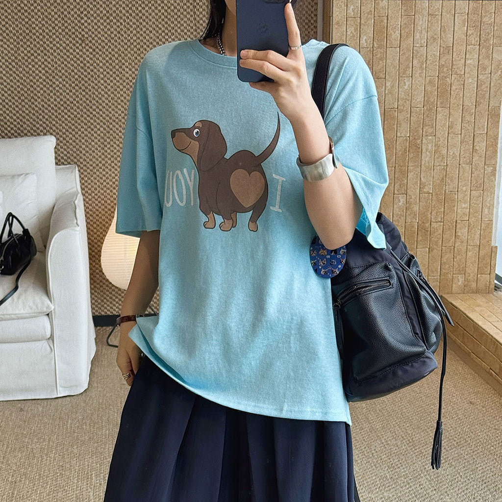 Round neck sausage dog letter printed short sleeve T-shirt top