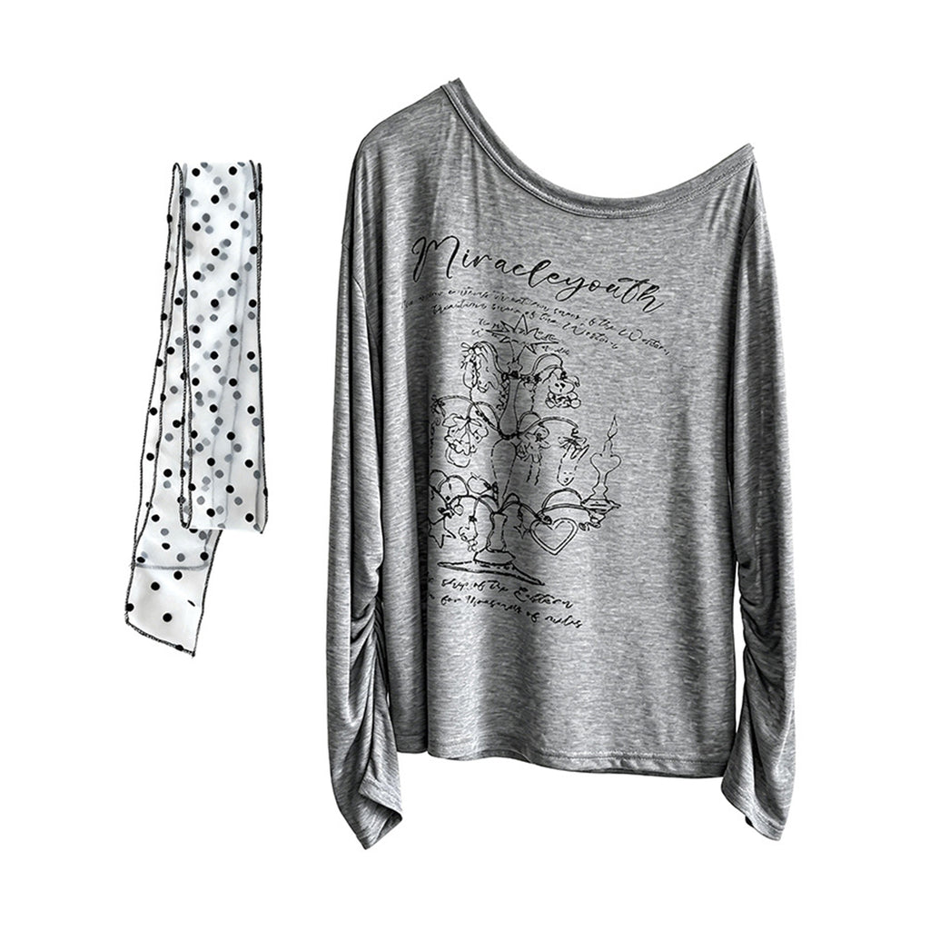 Women’s Off-Shoulder Printed Long-Sleeve Top with Polka Dot Scarf