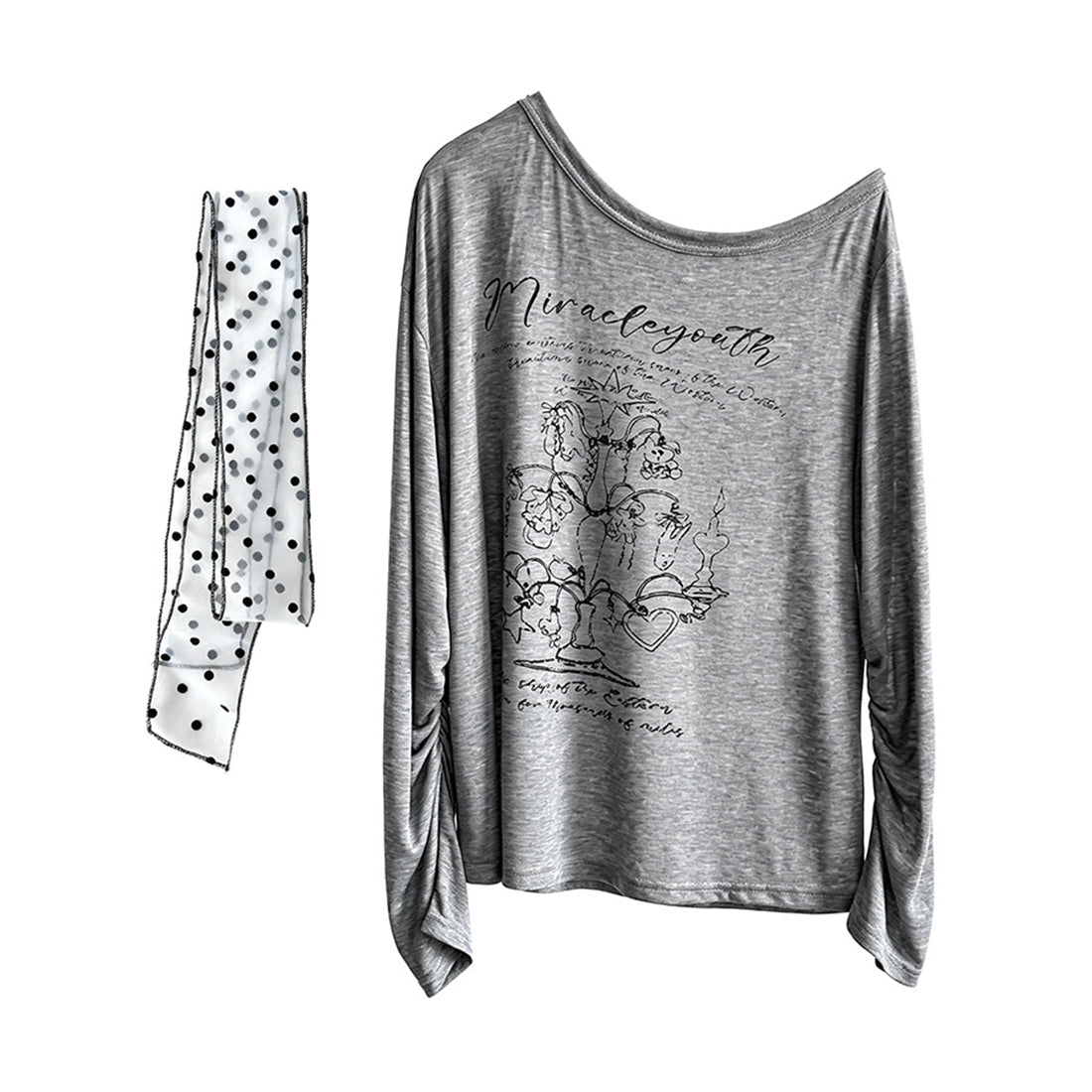 Women’s Off-Shoulder Printed Long-Sleeve Top with Polka Dot Scarf
