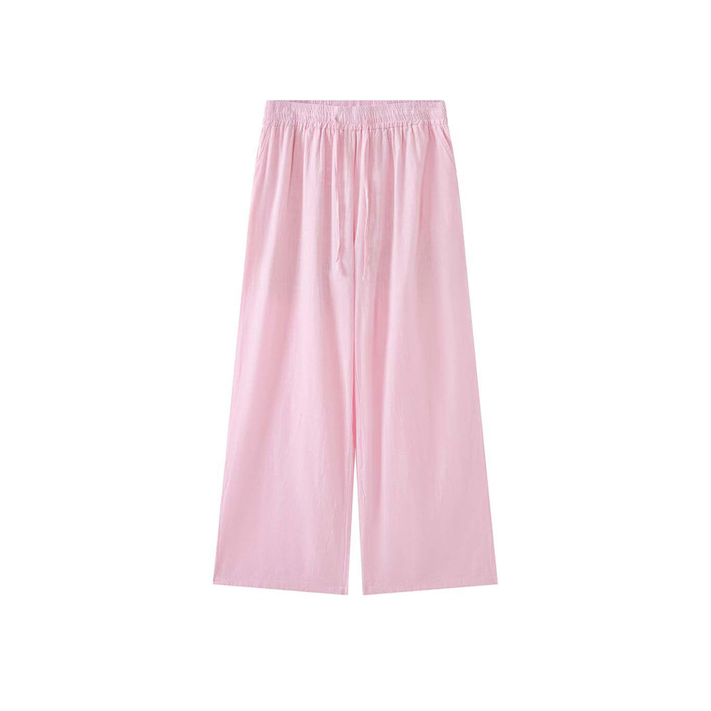High Waist Cotton Linen Wide Leg Pants with Drawstring