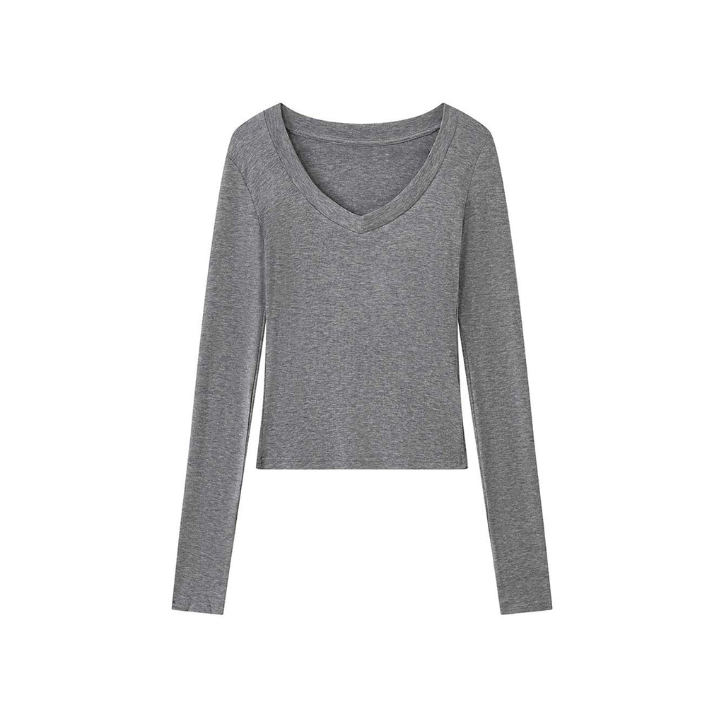 V-neck slim fit solid color long sleeved T-shirt top