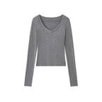 V-neck slim fit solid color long sleeved T-shirt top