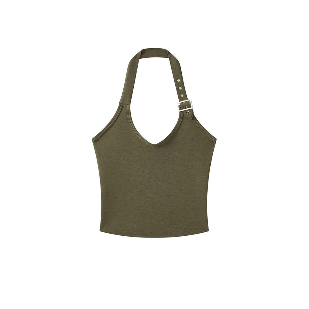 Halter Neck Fitted Tank Top with Buckle Strap Detail