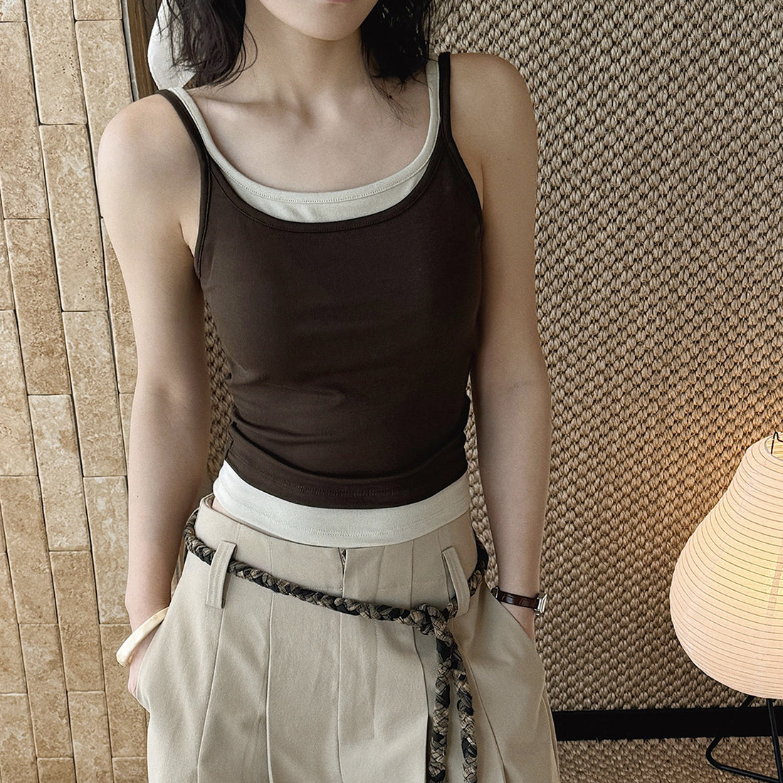 layered tank top slim fit stretchy camisole contrast trim sleeveless top