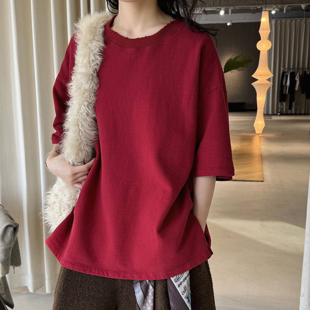 Round neck off shoulder oversized fleece T-shirt short sleeved loose fit top