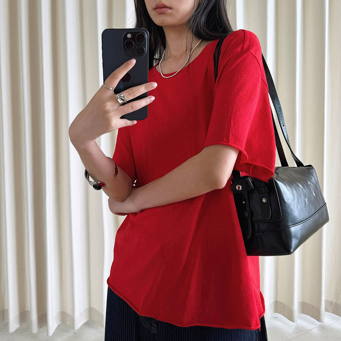 Round neck small rolled edge short sleeved slimming T-shirt