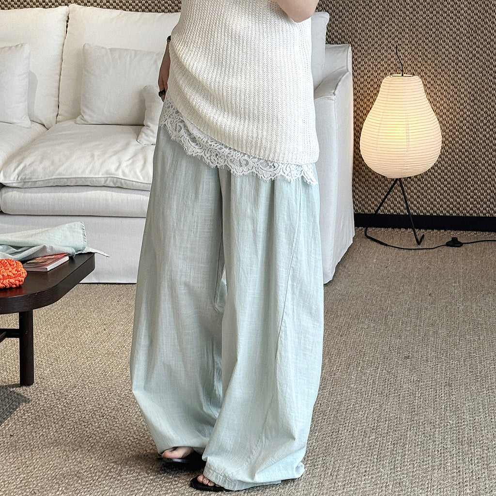 High Waist Cotton Linen Wide Leg Pants with Drawstring