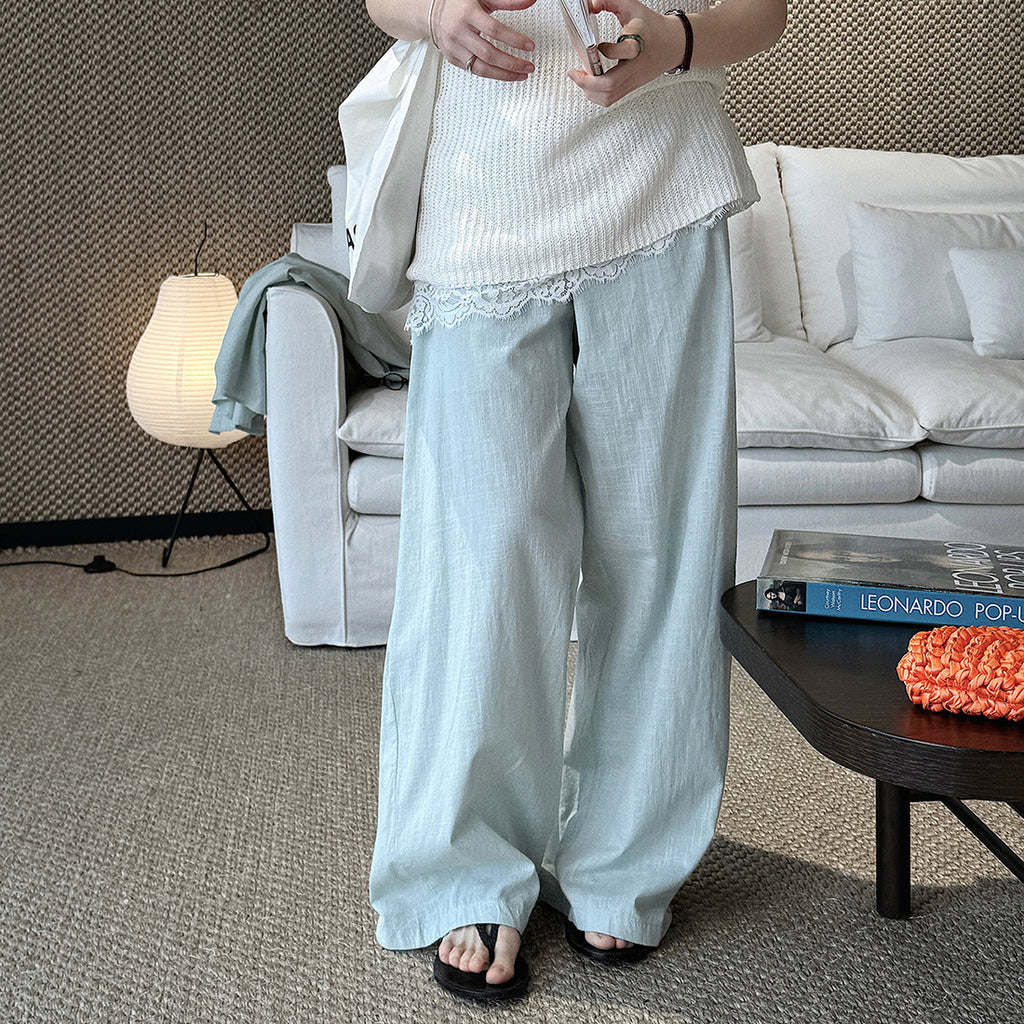 High Waist Cotton Linen Wide Leg Pants with Drawstring