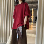 Round neck off shoulder oversized fleece T-shirt short sleeved loose fit top