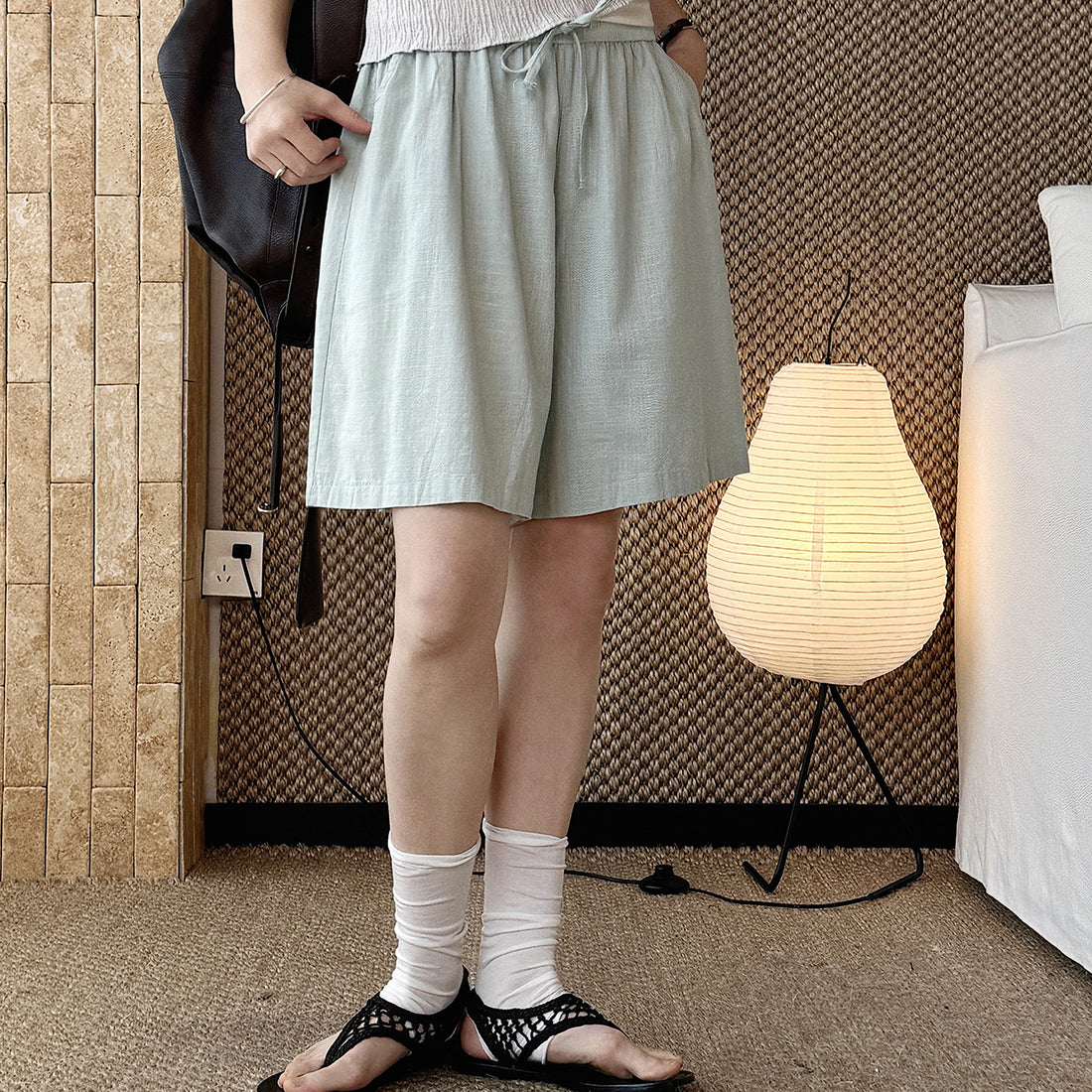 High Waist Linen Cotton Drawstring Bermuda Shorts - Multiple Colors